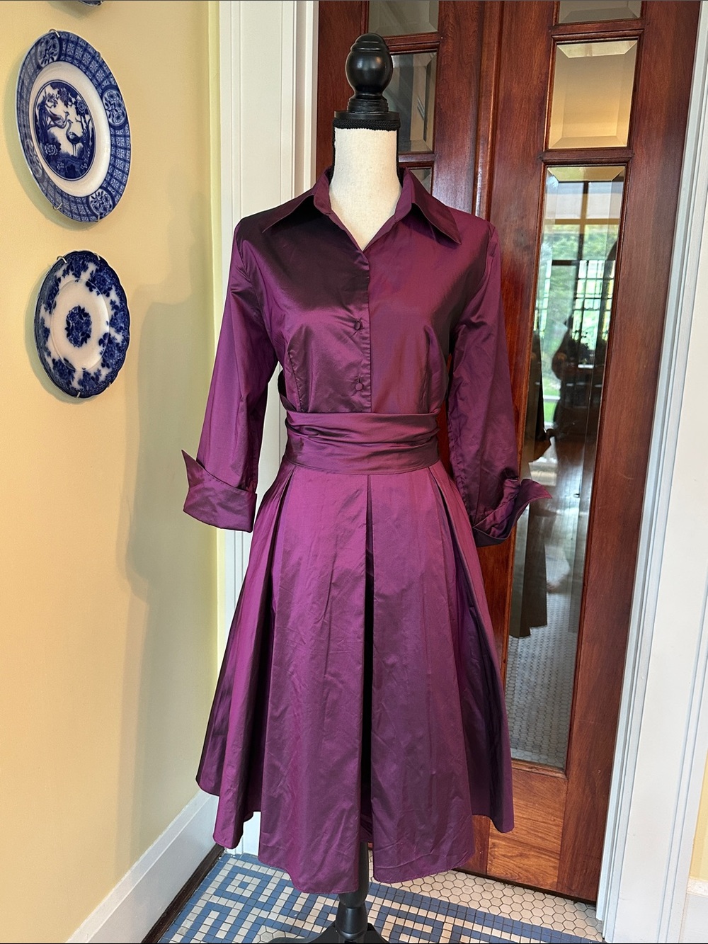 Flores & Flores | 100% Silk Iridescent Purple Shirt Dress Midi, Size 12